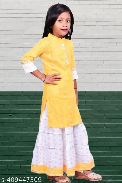 Stylish Rayon A-line kurti set with three-quarter sleeves, available in multiple vibrant colors for girls aged 2-5 years, India origin
