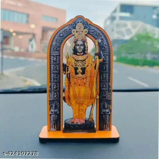 Light weight wooden Ram Lala car dashboard idol, handcrafted religious art for spiritual car decor from India