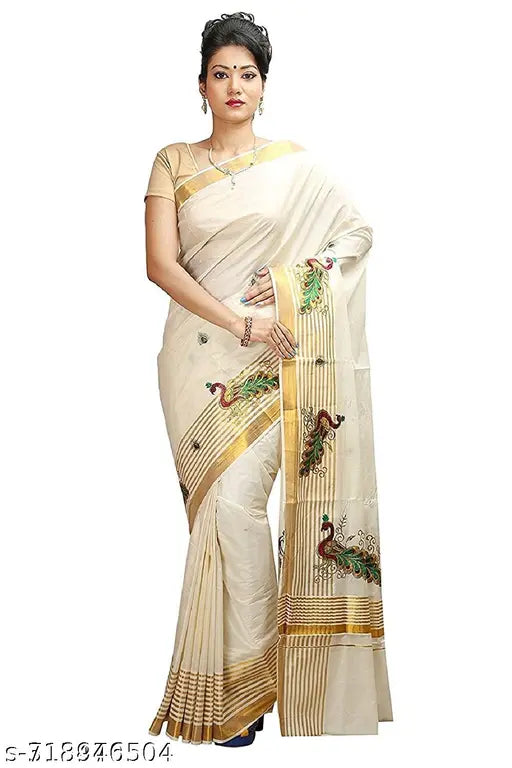 Attractive cotton zari saree, Indian kasavu saree with zari work, traditional Indian attire