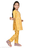 Yellow Chanderi cotton embroidered kurta set for girls, three-quarter sleeves, knee length, India
