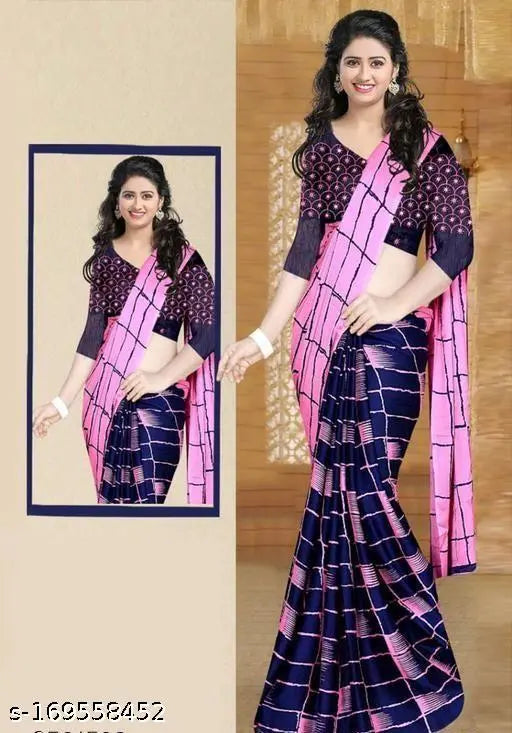 Chiffon checked saree with printed net blouse, single free size, Indian origin
