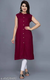 Maroon sleeveless rayon kurti with sherwani pattern, ideal for daily wear and calf length, women's size M-XL. #summercollection #sleevelesskurti #rayonkurti #downtocalflenghtkurti