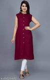 Maroon sleeveless rayon kurti with sherwani pattern, ideal for daily wear and calf length, women's size M-XL. #summercollection #sleevelesskurti #rayonkurti #downtocalflenghtkurti