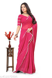 Georgette silk party saree with floral Laes blouse, solid pattern and scalloped border, free size, India origin