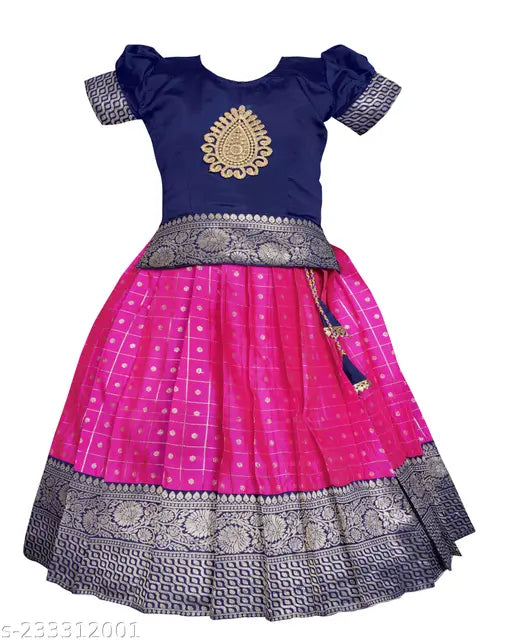 Taffeta Silk Zoswa pattu pavadai Lehenga choli for girls, traditional Indian dress with short sleeves and zari stitch
