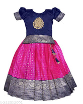 Taffeta Silk pattu pavadai Lehenga choli for girls, Indian traditional dress with zari stitch and short sleeves