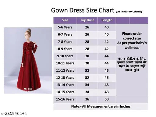 Red velvet and net sequin gown dress for girls, elegant and comfortable, full length with long sleeves, original DP Fabrics brand, India origin
