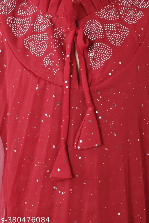 Red ethnic kids clothing set: cotton blend anarkali pyjamas with embellished long sleeves (2-3yrs, 5-6yrs), Indian traditional attire for children