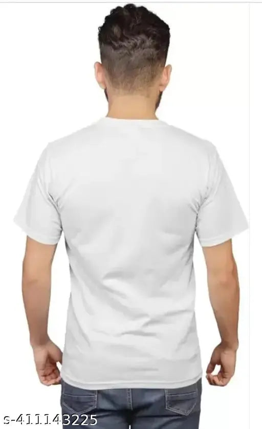 Men's white half-round neck polyester t-shirt with latest trending design and printed pattern, perfect for casual workouts or sports like basketball, football, tennis, etc., made in India
