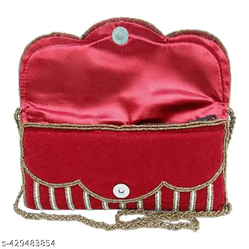 Maroon embroidery clutch, designer fabric, embroidered net, velvet & gold beads, Indian-made, handbag with sling
