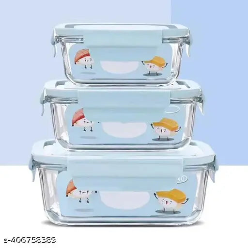 Transparent glass food storage set with break-free detachable locks (400ml, 600ml, 800ml). Oven, microwave, and freezer safe. Multi-purpose containers for baking, storing, and reheating food