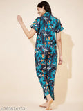 Teal floral printed cotton night suit set for women, Indian-made sleepwear with elastic waist and pockets