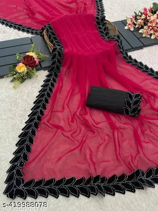 White Georgette party saree with heavy beadwork, Indian designer wear