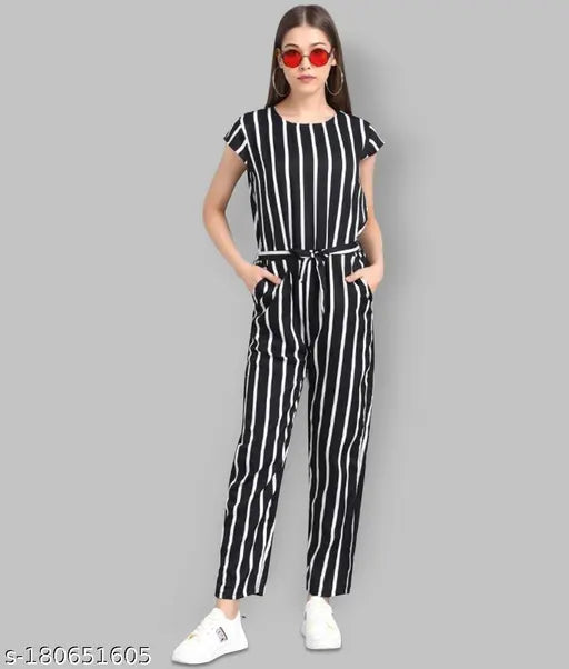 Black crepe striped zebra jumpsuit on hanger, new fashion style for women's wardrobe