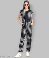 Black striped crepe jumpsuit with three-quarter sleeves, women's fashion on mannequin