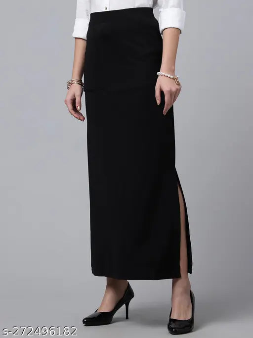 Black polyester net formal A-line long skirt, ideal for evening wear. (Size 28, waist 28in, length 36in)