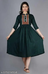 Red Floral Embroidered Rayon Kurti, three-quarter sleeves, A-line design, Indian handcrafted