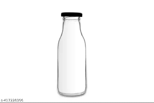 Clear glass fridge-friendly Elite water bottles (Pack of 4), leak-proof and ideal for storing various liquids like milk, juice, or shakes