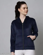 Velvet chain hoodie navy blue for girls, solid pattern, long sleeves, stylish crop zipper hoodie from India