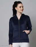Velvet chain hoodie navy blue for girls, solid pattern, long sleeves, stylish crop zipper hoodie from India