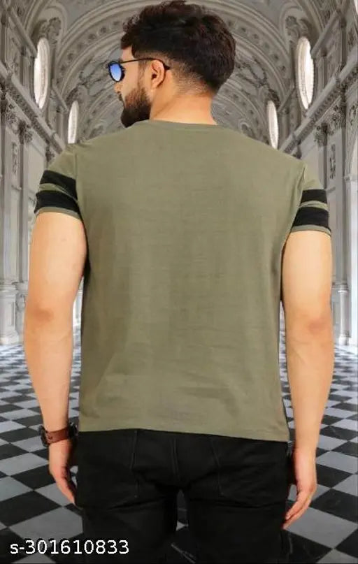 Black Olive and Brown Striped Cotton Blend Half-Sleeve T-Shirt for Men - Summer Style