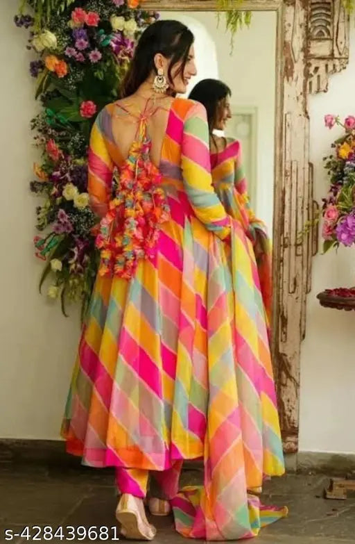 Embroidered Georgette anarkali kurti pant set for women, Indian ethnic wear long maxi gown with dupatta