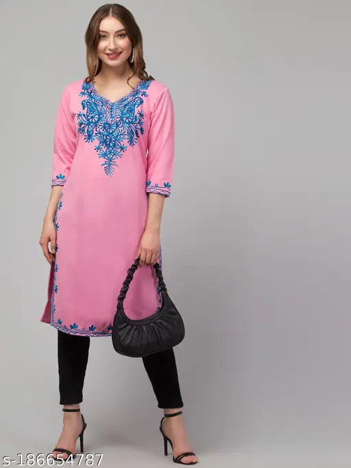Wool winter kurti for women, three-quarter sleeves, Chikankari embroidery. Multicolor, trendy, lovely, Indian handcrafted clothing