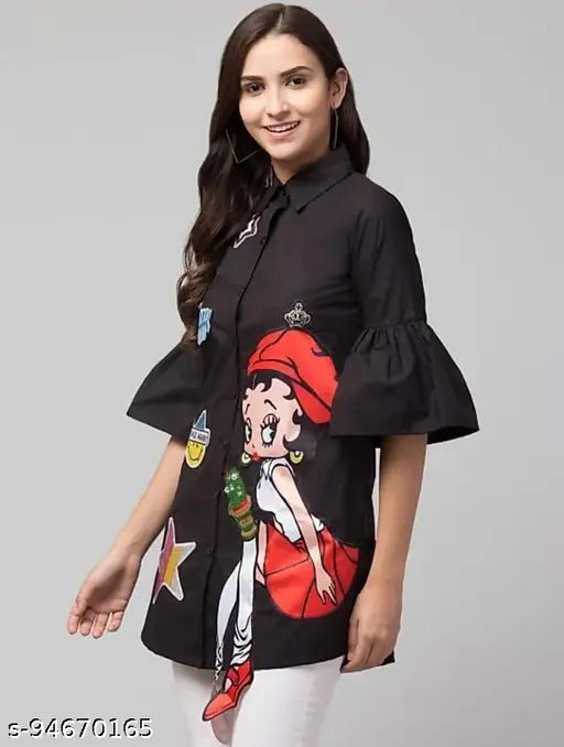 Premium Quality Cotton Women's Black Three-Quarter Sleeve Printed Shirt, M/38in Bust L/40in Bust XL/42in Bust, India origin