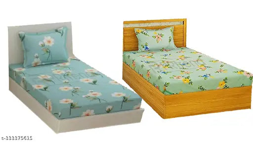 White Glace Cotton Flat Bedsheets (60x90) by MAHADEV TEXTILE, set of 2 with 2 pillow covers - fine floral print, ideal for summer sleep