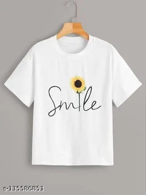 Customized PRINT women's white polyester t-shirt, office & sports attire with latest printed design for girls (S-XL), featuring printed motif on short sleeves