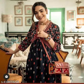 Black Rayon Anarkali Kurti Gown with Floral Print, Three-Quarter Sleeves, V-Neck, Casual, Festival, and Party Wear