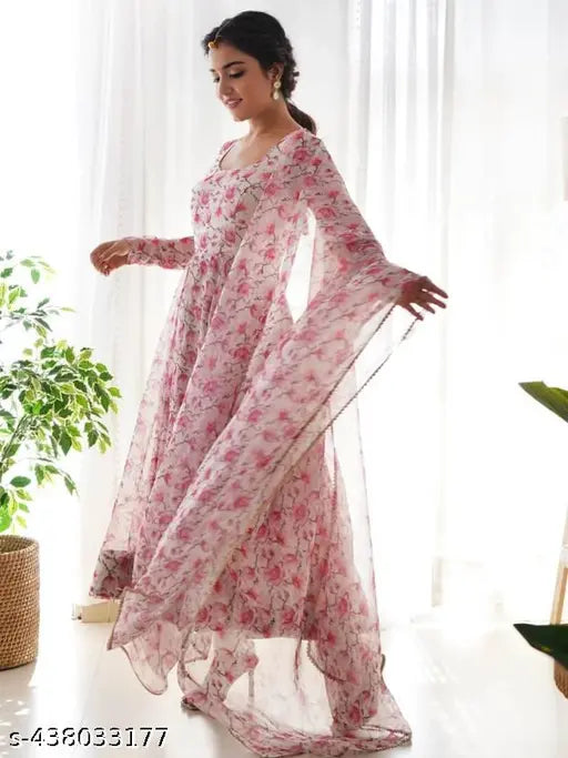 Light pink & white georgette Miral Gown with long sleeves, rose print, perfect for casual or semi-formal events. Made in India