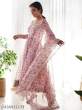 Light pink & white georgette Miral Gown with long sleeves, rose print, perfect for casual or semi-formal events. Made in India