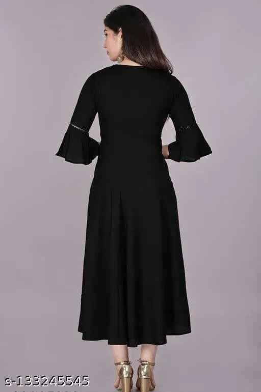 Black viscose rayon Anarkali kurta, elegant design, three-quarter sleeves, Indian ethnic prints