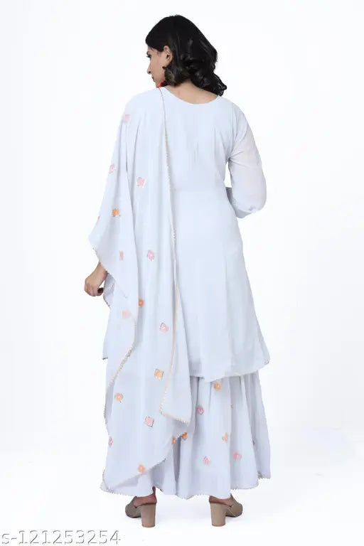 Georgette Anarkali suit with embroidered sharara and dupatta set, three-quarter sleeves, India-made women's fashion
