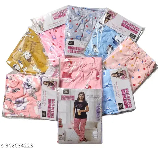 Soft, lightweight polycotton maxi printed pajamas (4pc combo), ideal for women's summer comfort