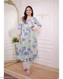 Blue women's rayon kurta set with dupatta and pants, printed net design, three-quarter sleeves