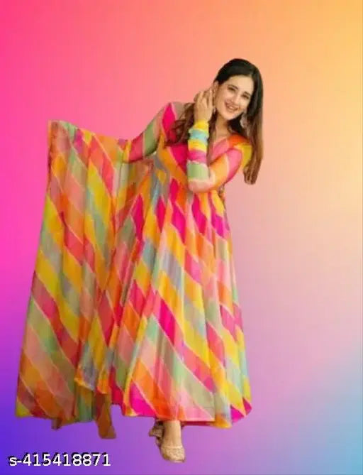 Flower print georgette anarkali long sleeve kurta with dupatta set, perfect for parties and special occasions for girls and women