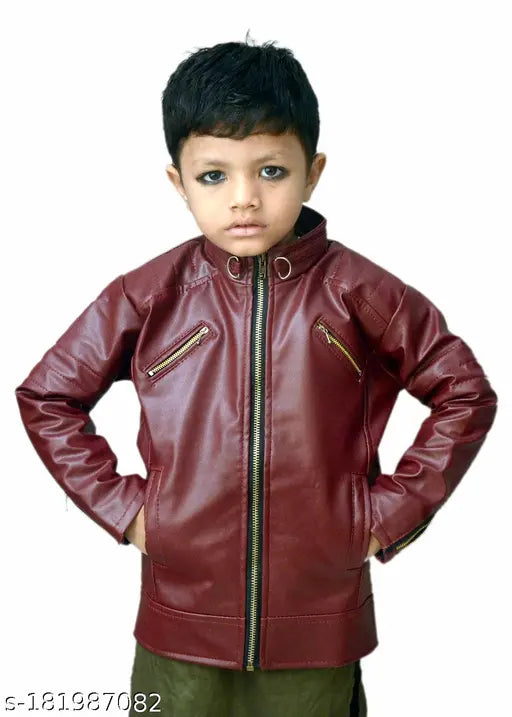 Fancy full sleeves faux leather cherry color kids jacket, waterproof and long-lasting winterwear for boys and girls aged 2-15 years old