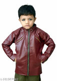 Fancy full sleeves faux leather cherry color kids jacket, waterproof and long-lasting winterwear for boys and girls aged 2-15 years old