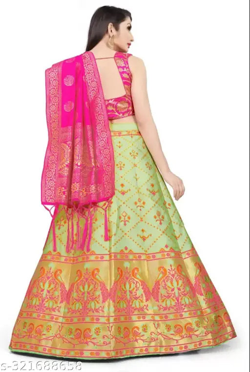 Silk Bollywood ethnic lehenga choli with floral jacquard, for festivals and all occasions, semi-stitched size 40 x 40 inches