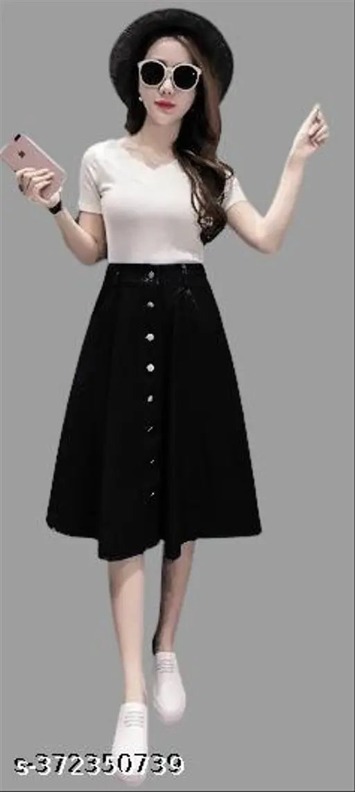 Black denim A-line midi skirt, lightweight & breathable, adjustable waist for women