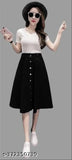 Black denim A-line midi skirt, lightweight & breathable, adjustable waist for women