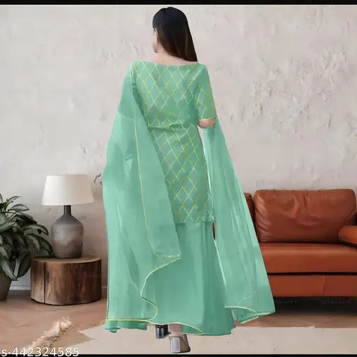 Diwali-2024 Special Rayon Kurata Pent Dupatta Full Set, three-quarter sleeves printed Indian party wear with single kurta, bottomwear, and dupatta for women in various sizes (S-XXL)