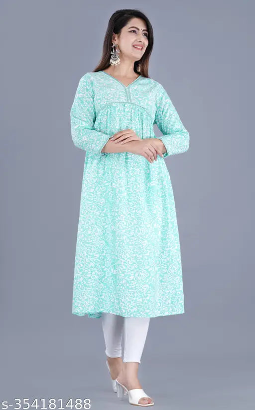 Viscose rayon Alia cut gown with three-quarter sleeves, printed combo in Indian style - M, L, XL, XXL