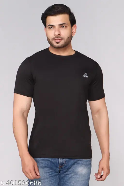 Aema Black men's cotton blend round neck t-shirt with lycra stretchability - solid pattern, short sleeves, made in India