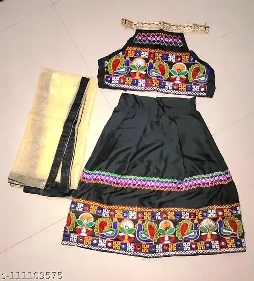 Rajshthani Black cotton lehenga set with net dupatta, Aari work embroidered, for children aged 12 months to 6 years