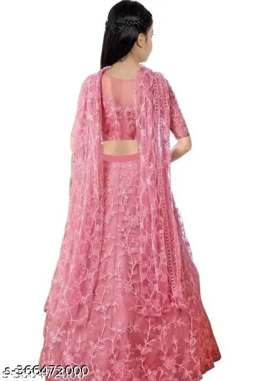 Acrylic and net semi-stitched lehenga choli for girls, embroidered with three-quarter sleeves. Indian party wear for 8-15 year olds