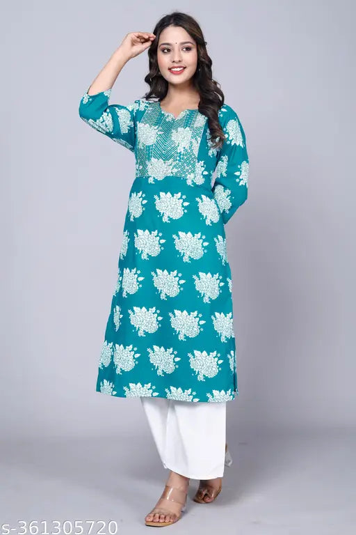 Printed rayon slub three-quarter sleeve Kurtis plazo set with palazzo bottoms - Indian ethnic fashion for women