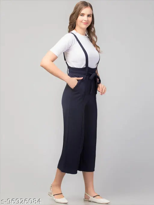 Blue polyester dungaree with white t-shirt, casual women's outfit on display